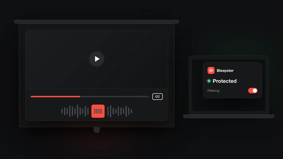 A projector screen showing a video player whose audio waveform has a red bleep block, beside a teacher's laptop with the Bleepster popup reading Protected.
