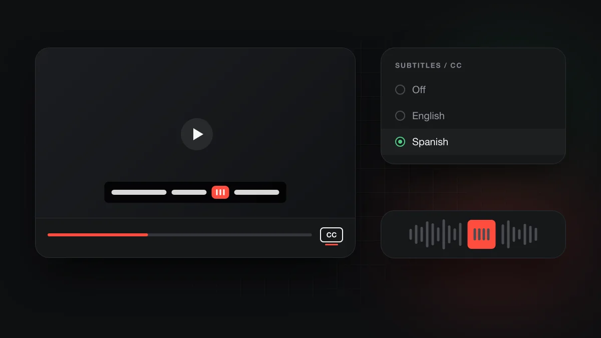 A video player with a Spanish caption track selected and an audio waveform where one span is covered by a red bleep block.