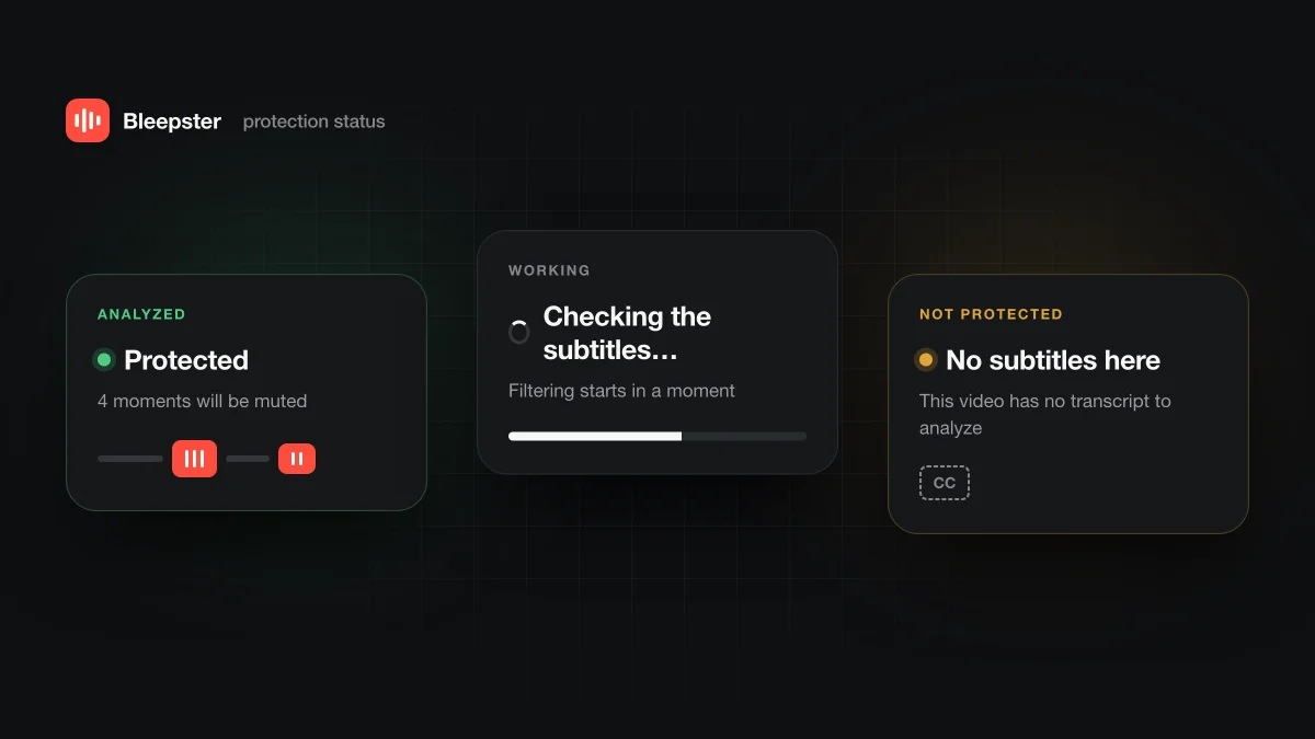 Three Bleepster status cards side by side: Protected in green, Checking the subtitles in neutral, and No subtitles here in amber.