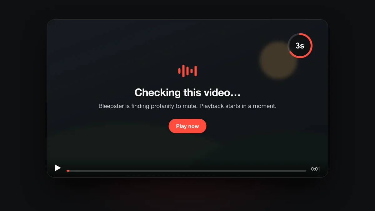 Mockup of a paused video player with a Checking this video overlay and a Play now button.