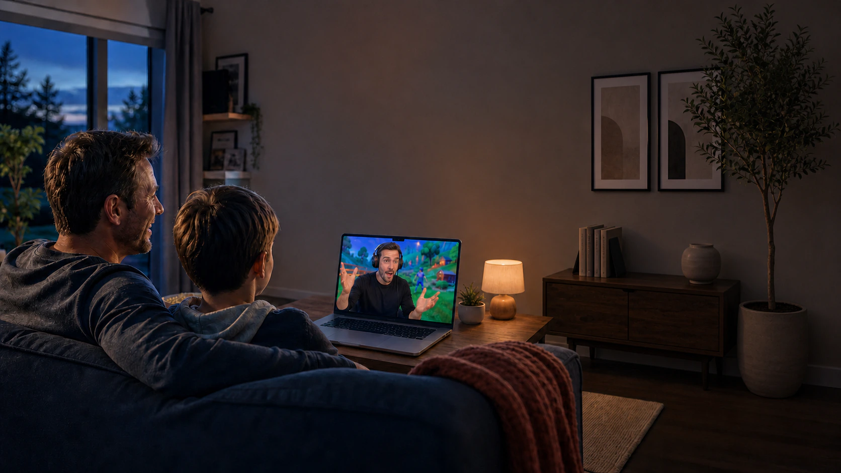 A father and child watching a video together at home